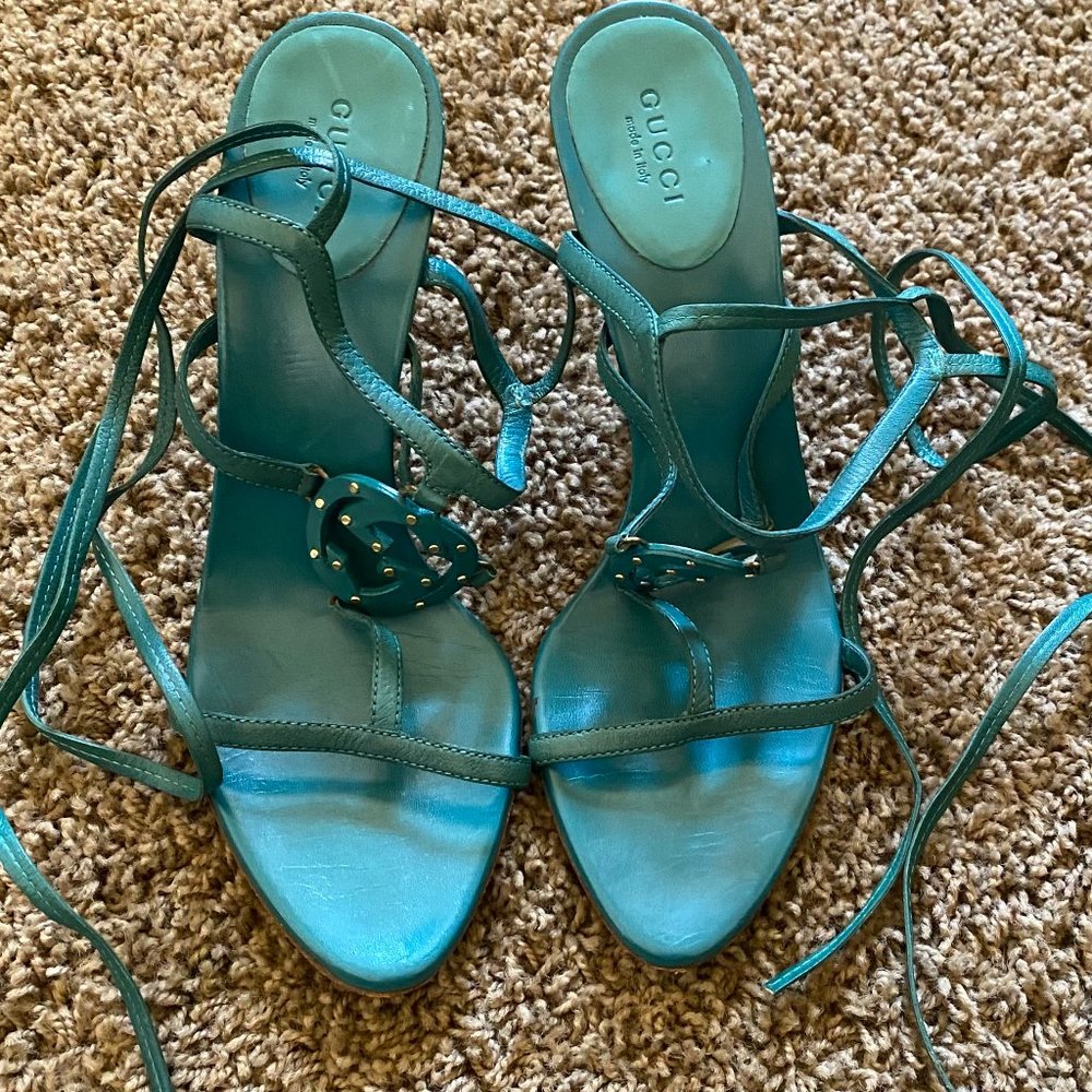 Diva Teal Gucci Sandal Stilettos with Wap Around Laces